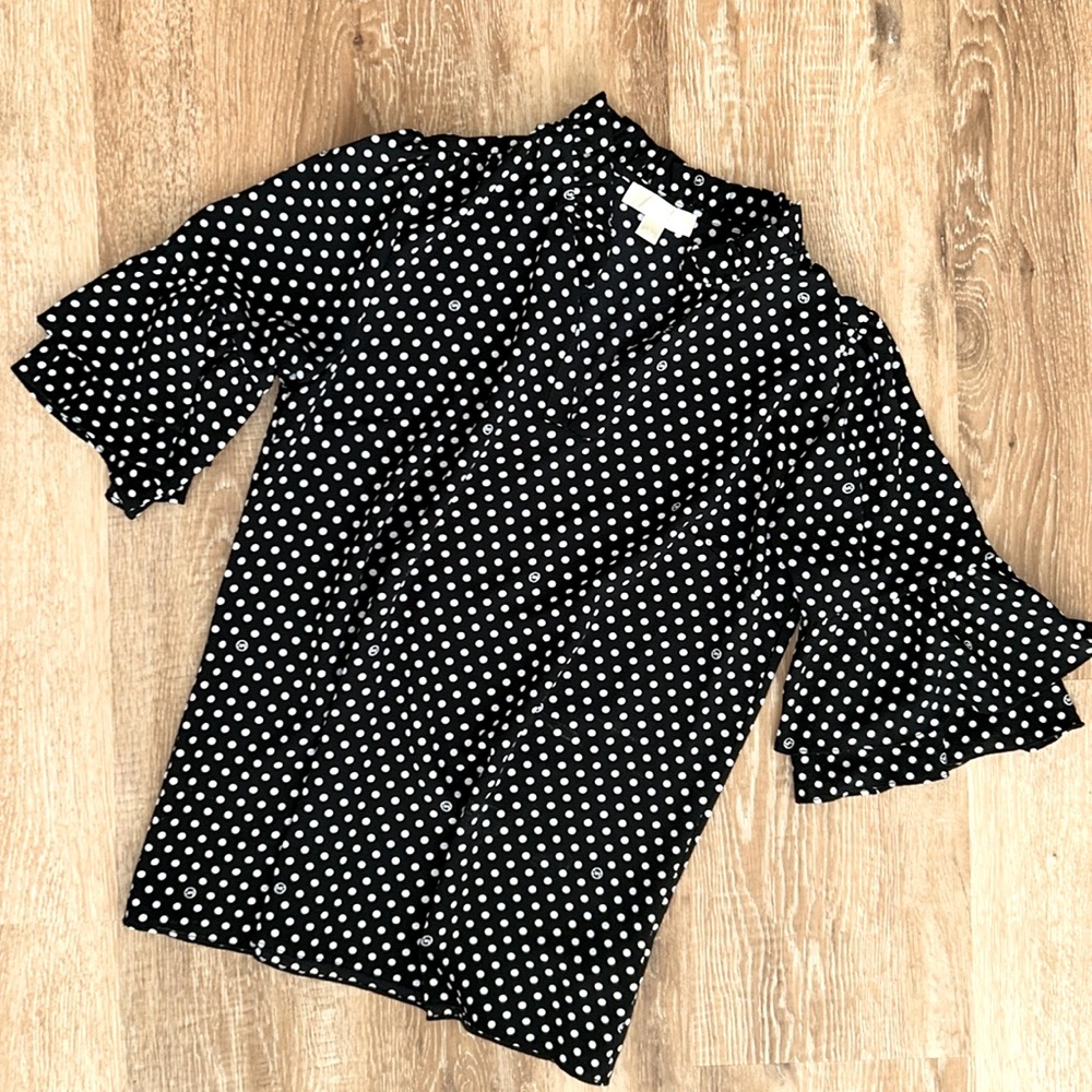 Michael Kors Ruffled neck&sleeves,split neck Black&White polka dot Blouse Size L
